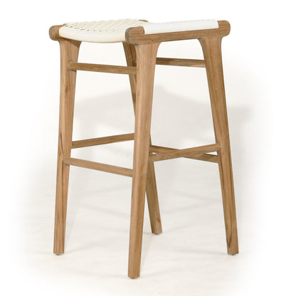 Angled view of Zen Backless Bar Stool – White – Open Weave showing sculpted teak frame and handwoven seat.