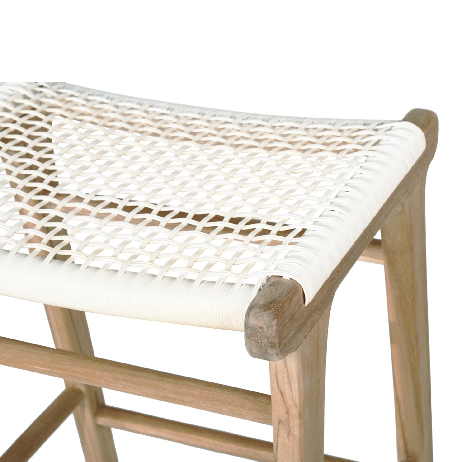 Close-up of Zen Backless Bar Stool – White – Open Weave showcasing open handwoven seat and teak joinery detail.