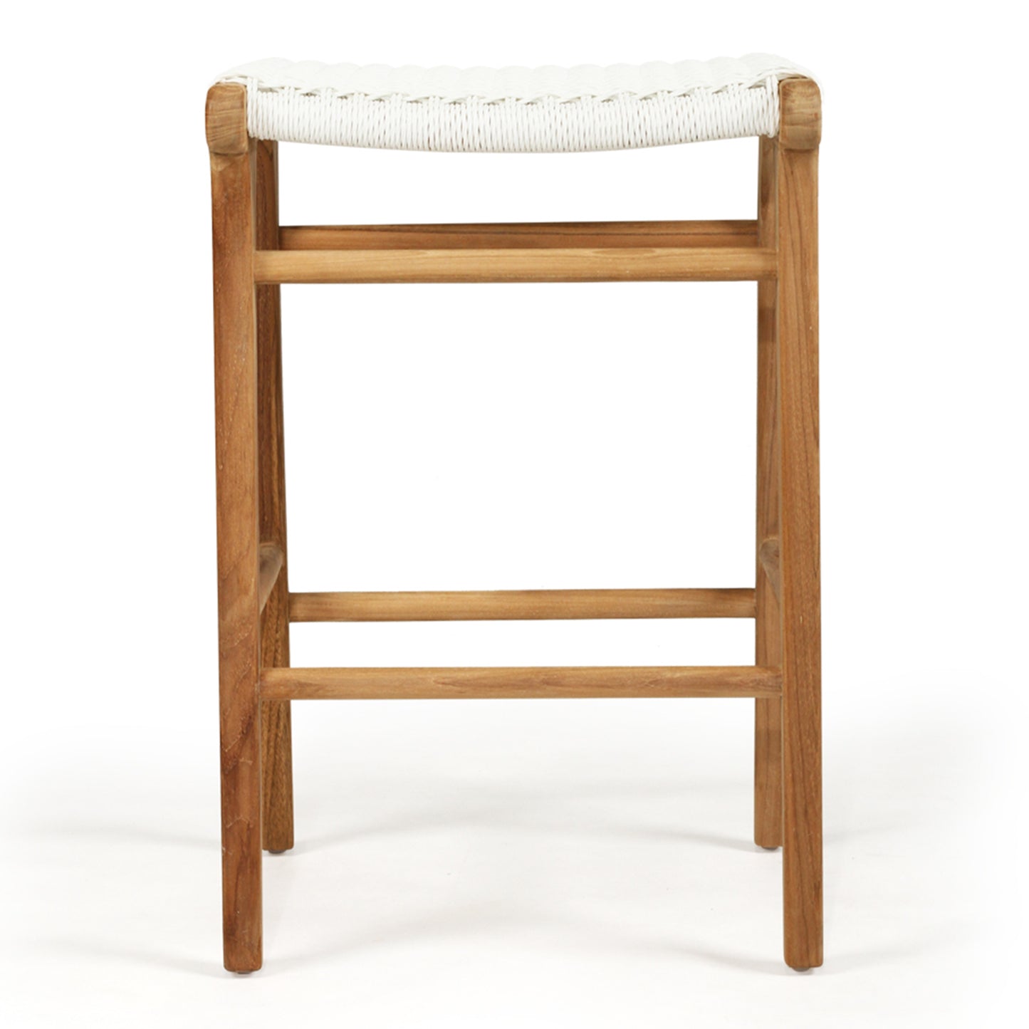 Rear view of the Zen Backless Bar Stool – White – Open Weave featuring timber joinery and natural wood grain.