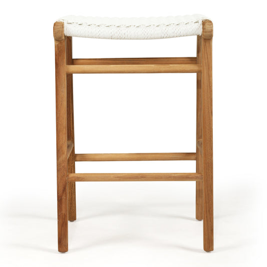 Rear view of the Zen Backless Bar Stool – White – Open Weave featuring timber joinery and natural wood grain.