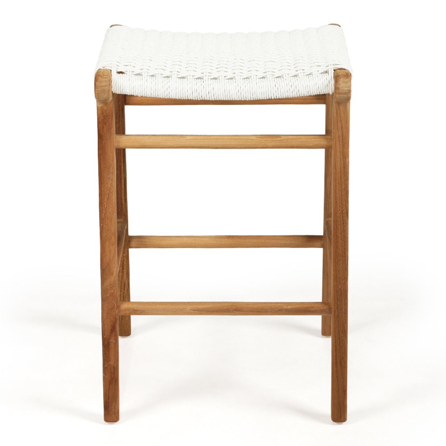 Straight front view of the Zen Backless Bar Stool – White – Open Weave with visible support bars and curved seat detail.