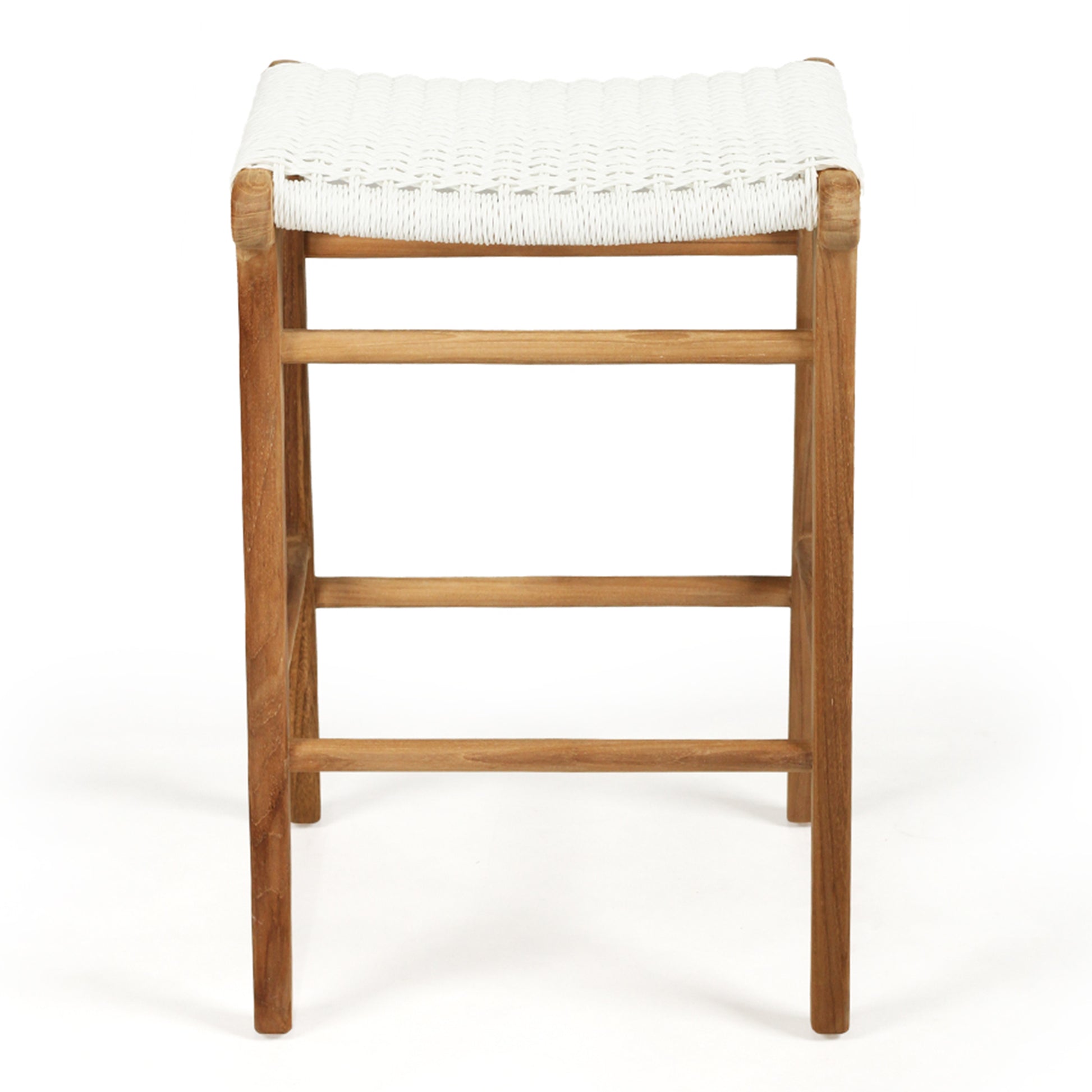 Straight front view of the Zen Backless Bar Stool – White – Open Weave with visible support bars and curved seat detail.