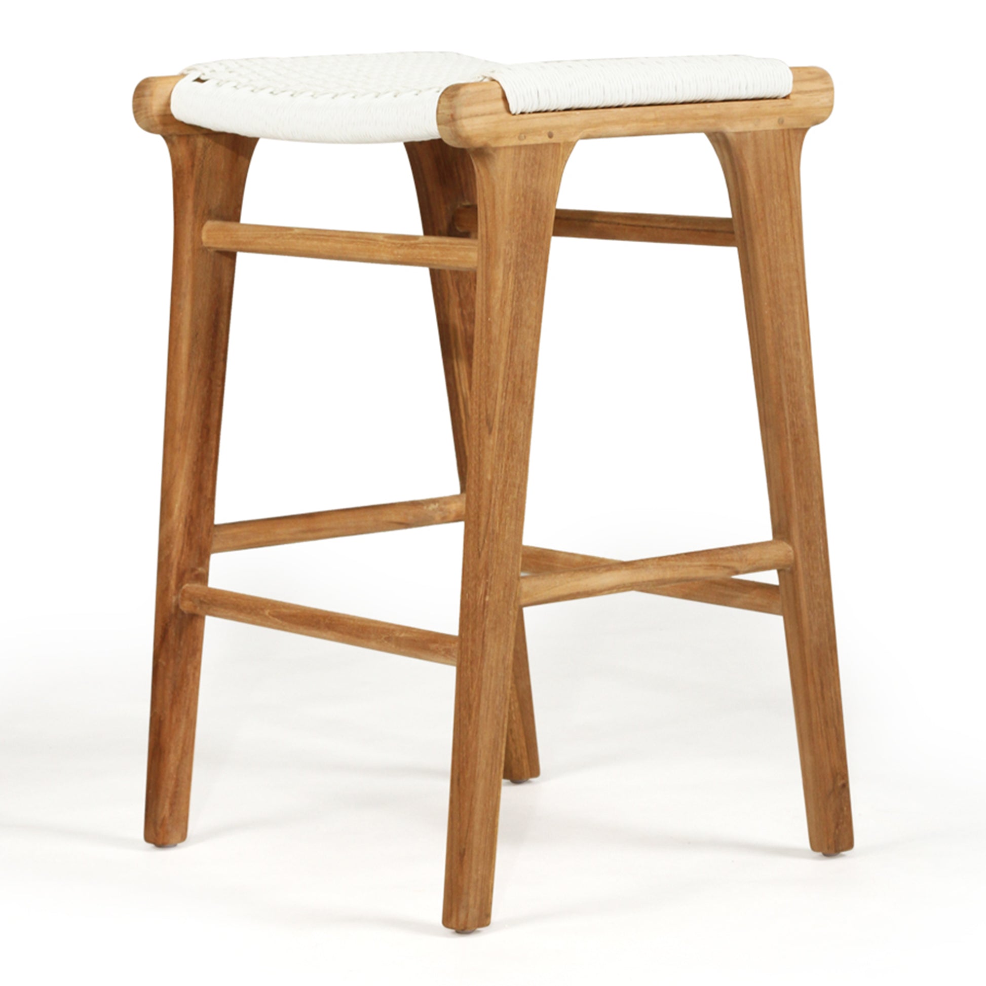 Angled studio shot of the Zen Backless Bar Stool – White – Open Weave highlighting its natural teak construction and sculpted seat.