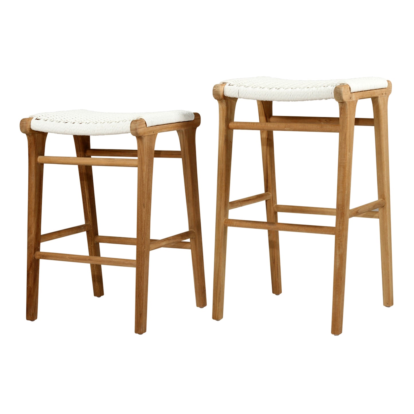 Pair of Zen Backless Bar Stools – White – Open Weave displayed together on white background to show size variation and set option.