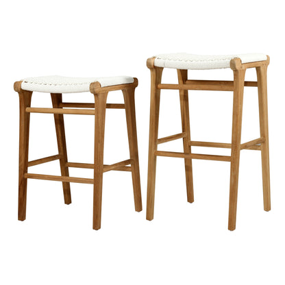 Pair of Zen Backless Bar Stools – White – Open Weave displayed together on white background to show size variation and set option.