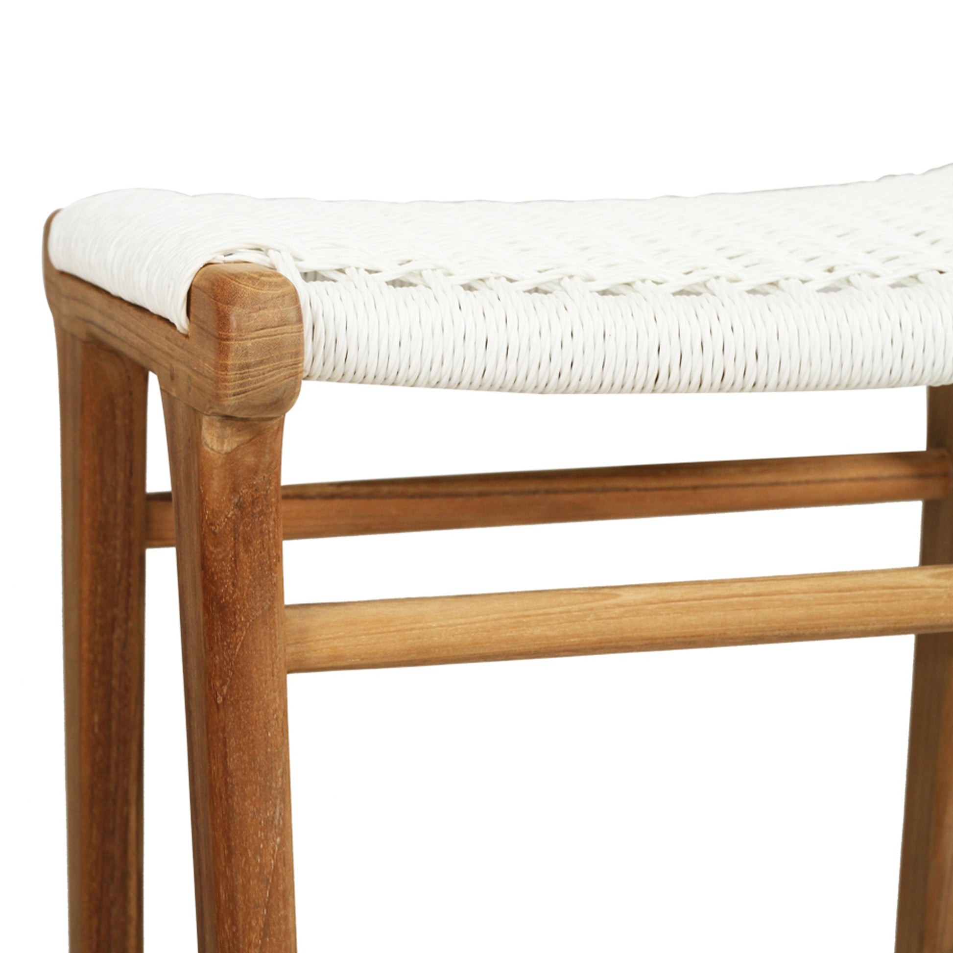 Detail view of the Zen Backless Bar Stool seat showcasing the handwoven white open weave and teak timber frame.