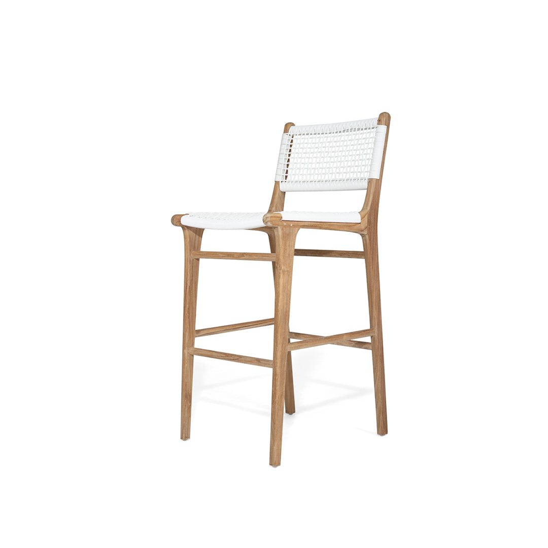 Angled front perspective of the Zen Counter Stool – White – Open Weave displaying modern silhouette and coastal-inspired design.