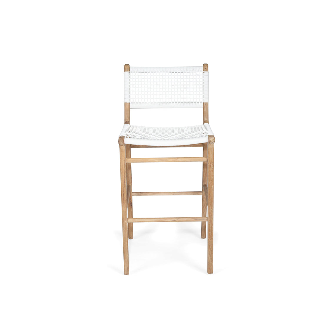 Studio front-on view of the Zen Counter Stool – White – Open Weave with contoured seat and woven back.