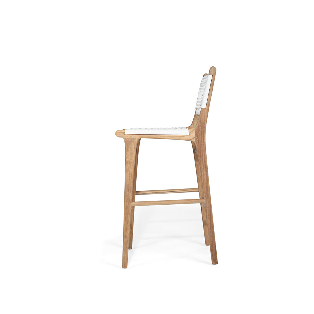 Side profile of the Zen Counter Stool – White – Open Weave showcasing clean lines, natural teak finish and sculpted form.