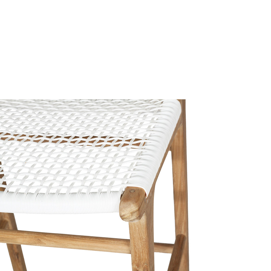 Angled seat detail of the Zen Counter Stool – White – Open Weave highlighting curved front edge and intricate handwoven pattern.