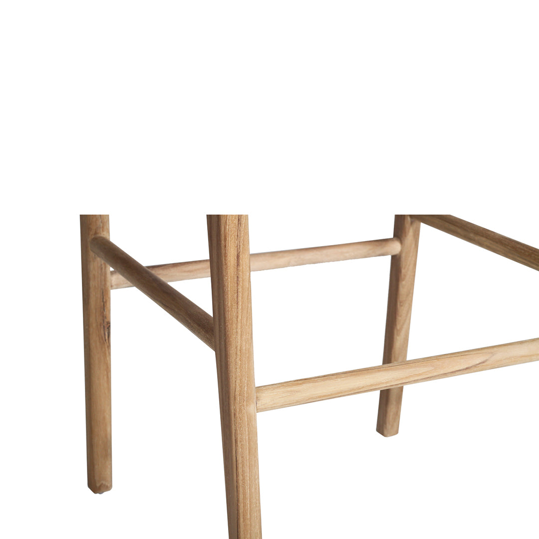 Detail view of the Zen Counter Stool – White – Open Weave legs and stretchers, crafted in solid teak.