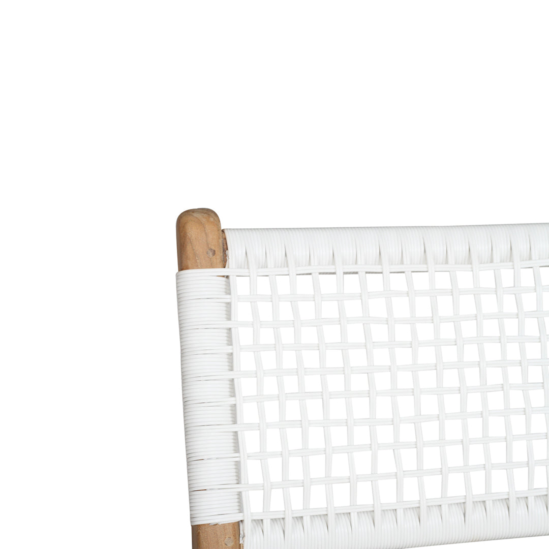 Close-up of the Zen Counter Stool – White – Open Weave backrest showing handwoven detail and natural teak frame.