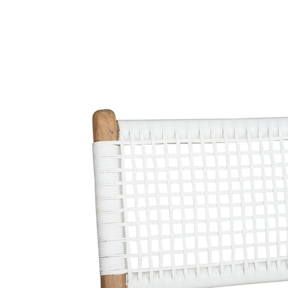 Close-up of the Zen Counter Stool – White – Open Weave backrest showing handwoven detail and natural teak frame.