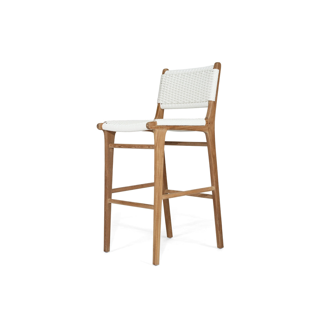 Angled front view of the Zen Bar Stool – White – Close Weave capturing its lightweight frame and woven texture.