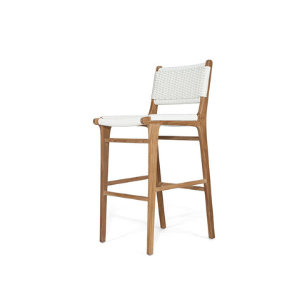 Angled front view of the Zen Bar Stool – White – Close Weave capturing its lightweight frame and woven texture.