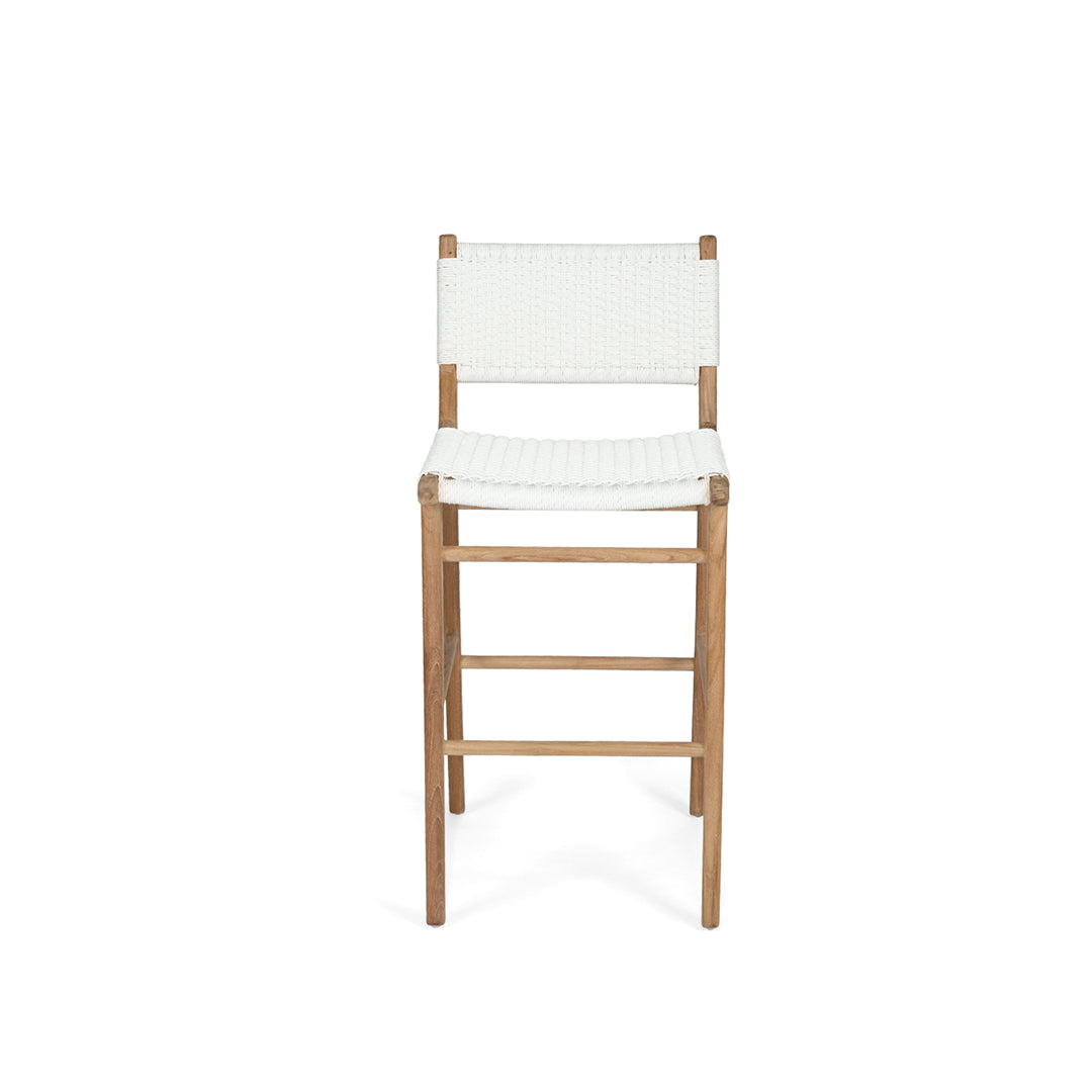 Studio front view of the Zen Bar Stool – White – Close Weave highlighting its minimalist silhouette and coastal aesthetic.