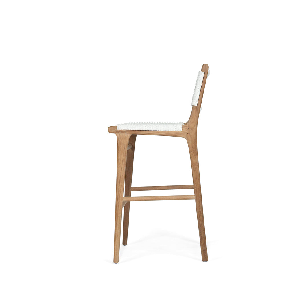 Side profile of the Zen Bar Stool – White – Close Weave with sculpted teak legs and clean-lined seat.
