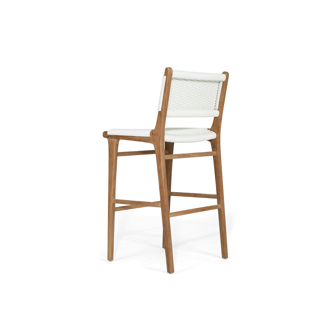 Angled back view of the Zen Bar Stool – White – Close Weave showing ergonomic curve and tight weave.