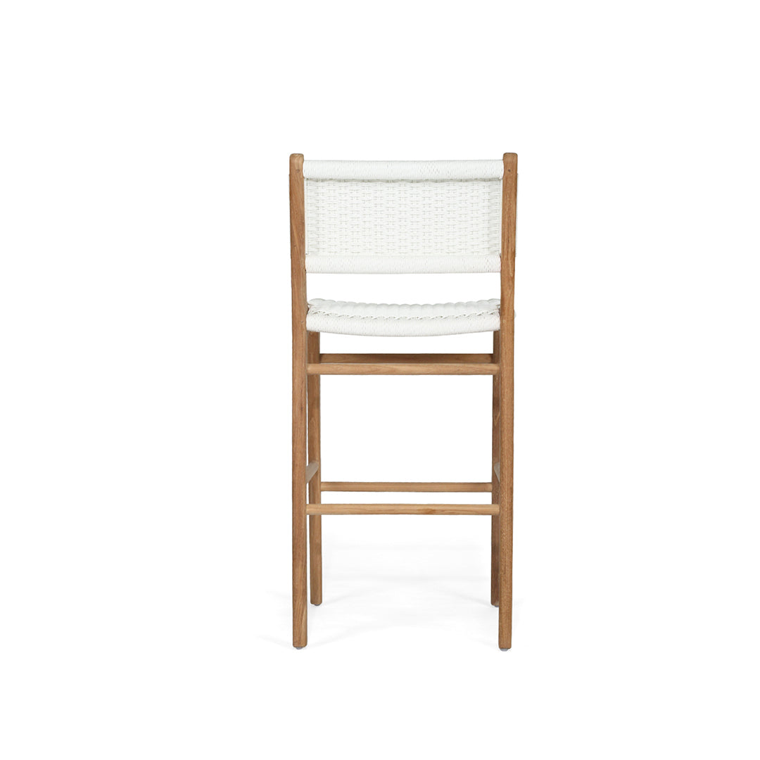 Rear studio view of the Zen Bar Stool – White – Close Weave highlighting straight backrest and footrest bars.