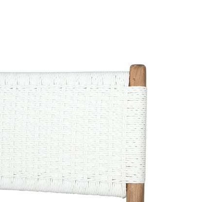 Top detail of the Zen Bar Stool – White – Close Weave backrest showcasing intricate weave and smooth timber frame.