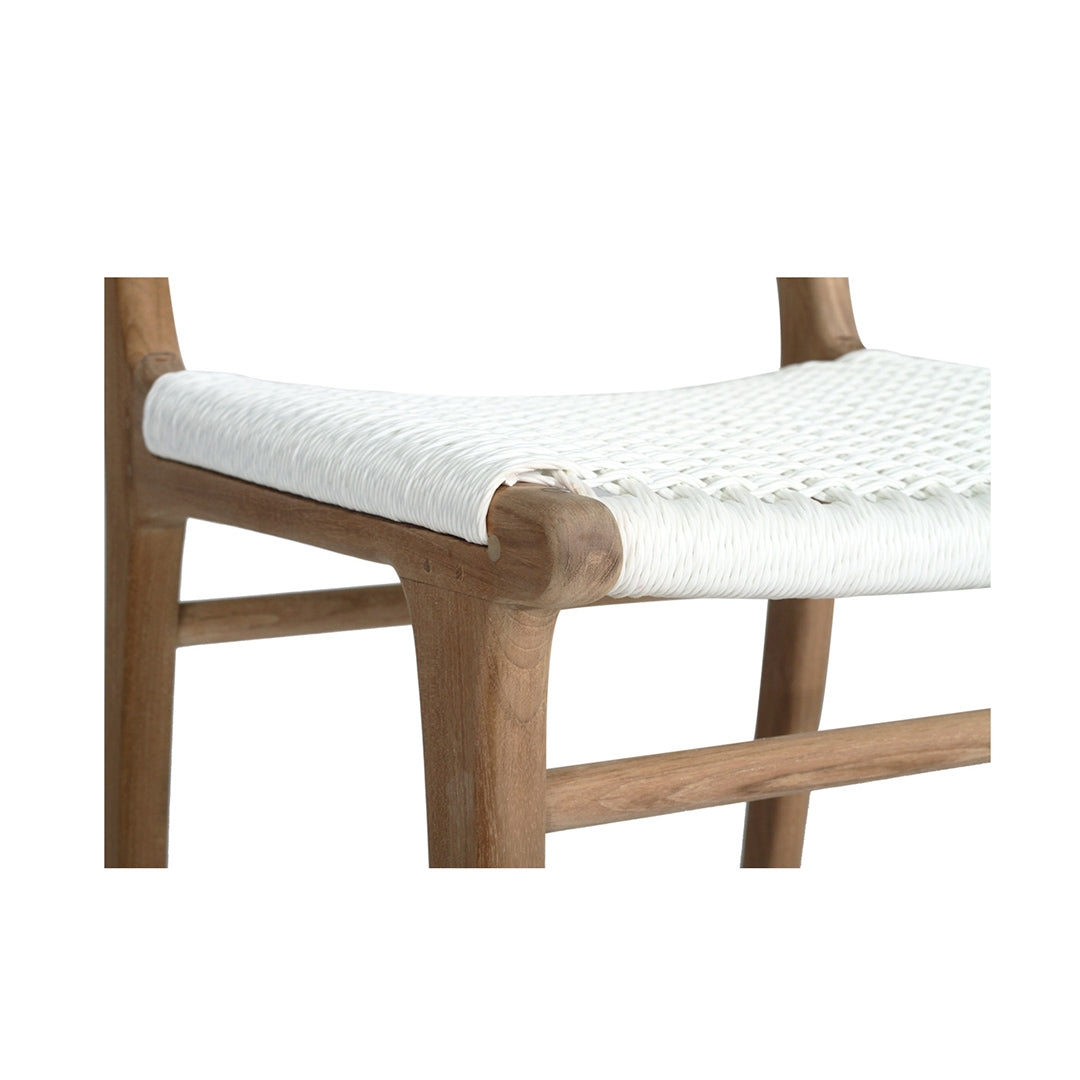 Close-up of the Zen Bar Stool – White – Close Weave seat corner showing detailed handwoven pattern and teak joinery.