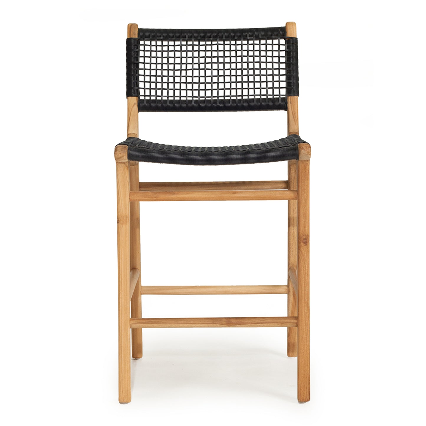 Front-facing image of the Zen Counter Stool – Black – Open Weave with handwoven black fibre seat and backrest on a white background.