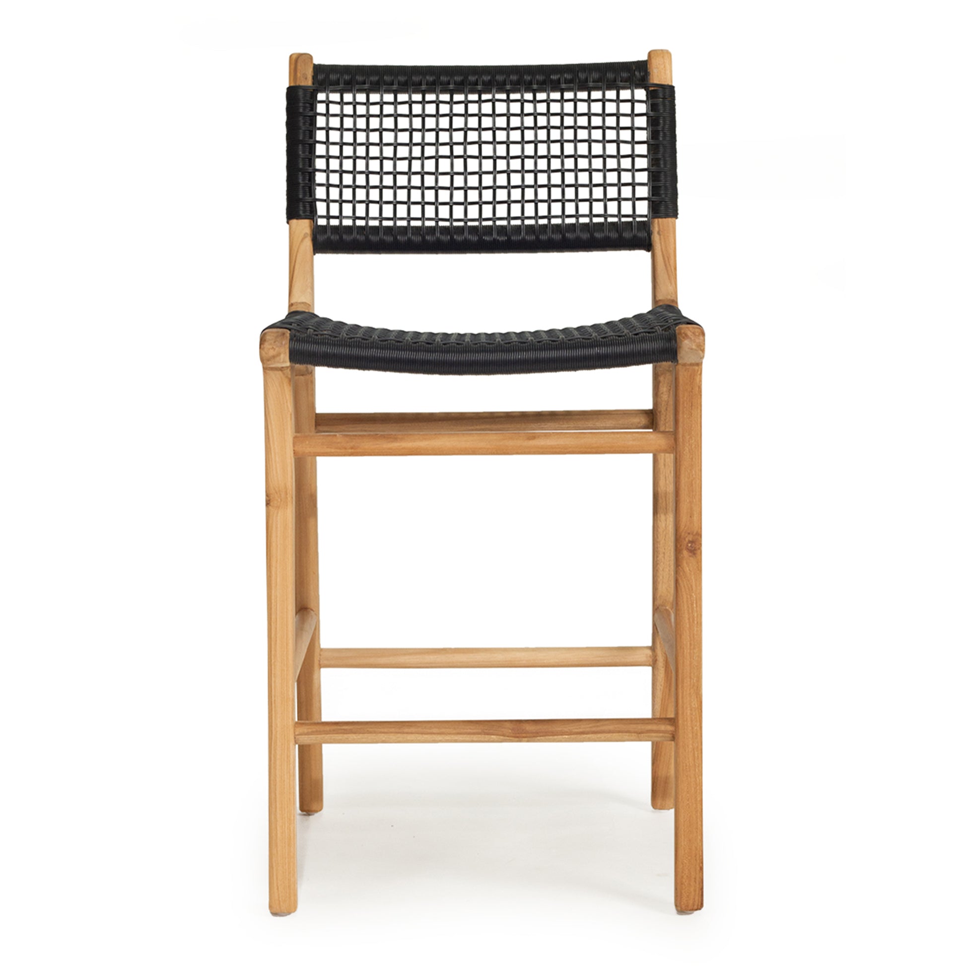 Front-facing image of the Zen Counter Stool – Black – Open Weave with handwoven black fibre seat and backrest on a white background.