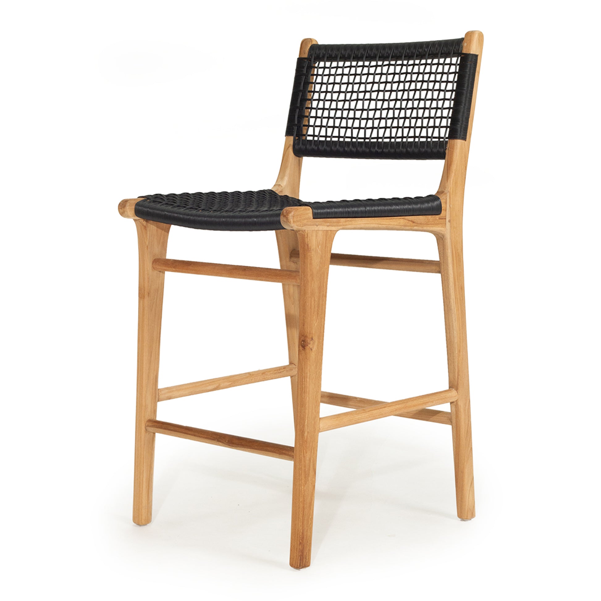 Angled front view of the Zen Counter Stool – Black – Open Weave highlighting sculpted teak frame and contoured seat.