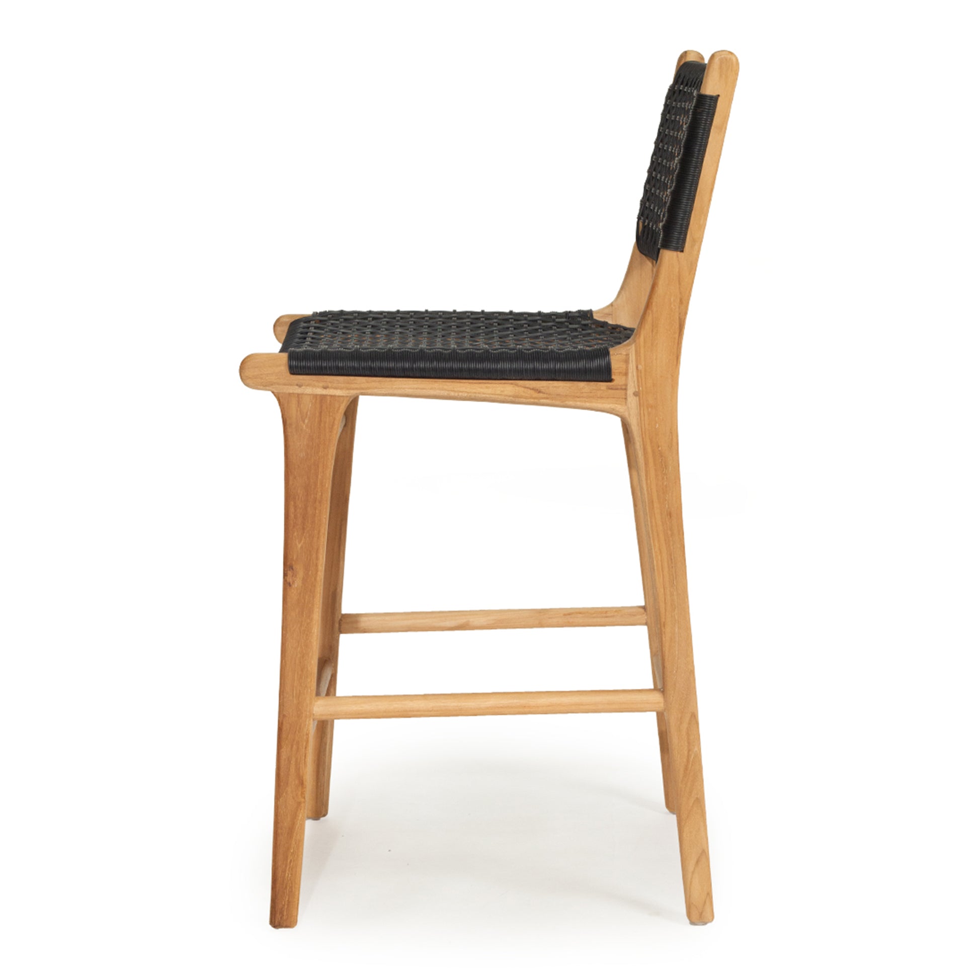 Side profile of the Zen Counter Stool – Black – Open Weave showing ergonomic seat curvature and sturdy teak frame.