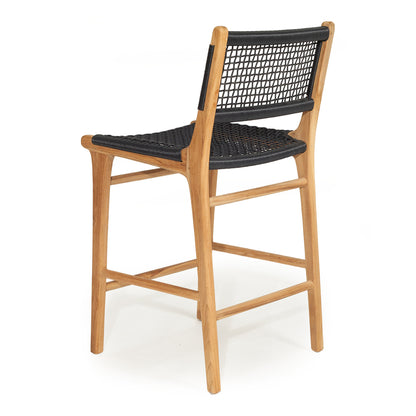 Angled rear-side view of the Zen Counter Stool – Black – Open Weave showcasing curved teak legs and black open weave.