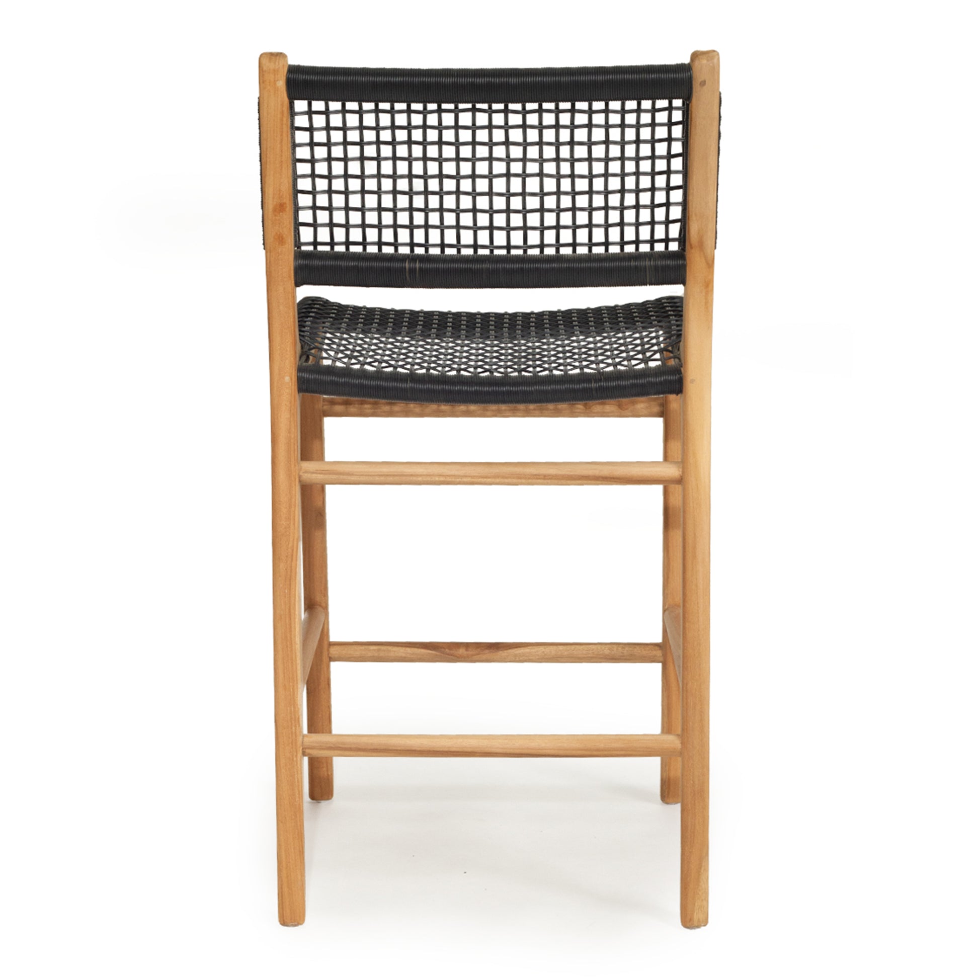 Rear studio view of the Zen Counter Stool – Black – Open Weave showing full backrest and seat weaving with teak frame.