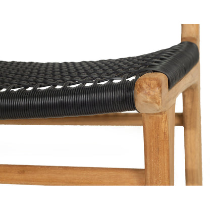 Close-up of the front seat edge and joinery on the Zen Counter Stool – Black – Open Weave displaying curved weave and smooth teak.