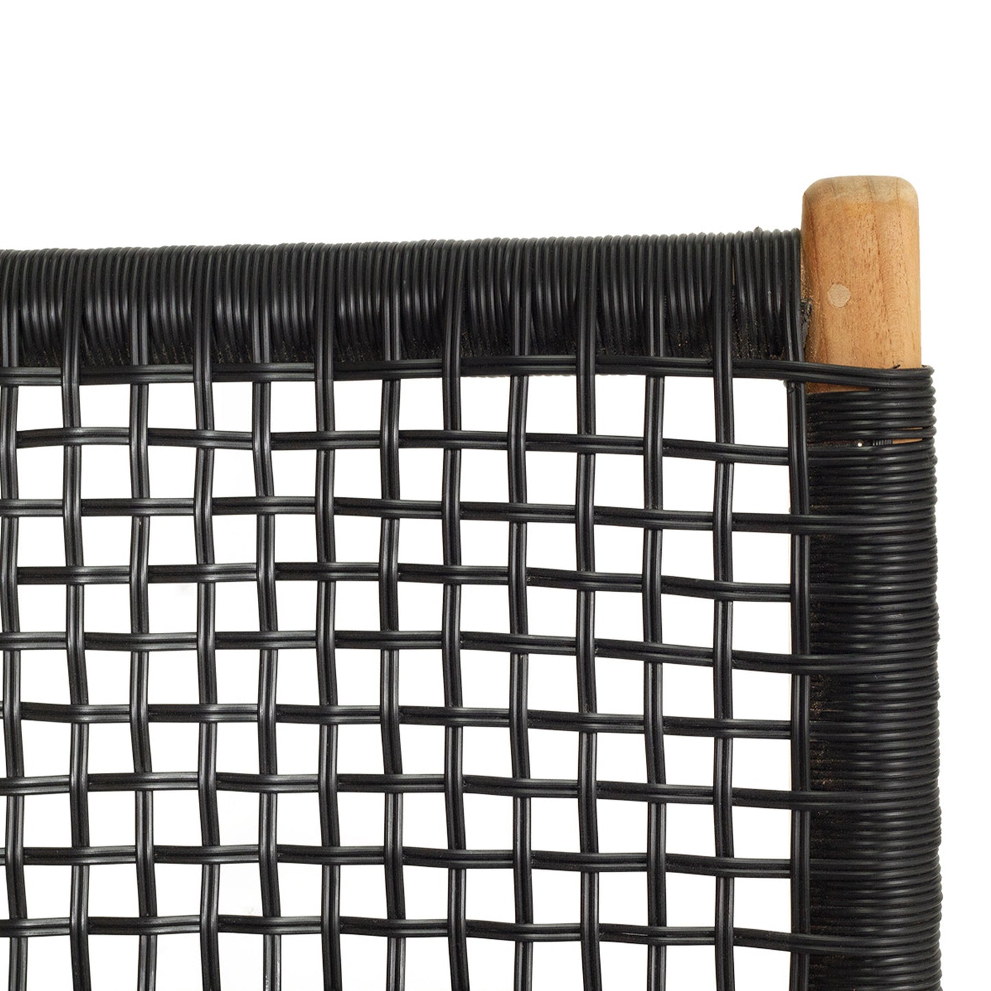 Close-up of upper backrest corner on the Zen Counter Stool – Black – Open Weave showing detailed handwoven black fibre and teak joinery.