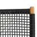 Close-up of upper backrest corner on the Zen Counter Stool – Black – Open Weave showing detailed handwoven black fibre and teak joinery.