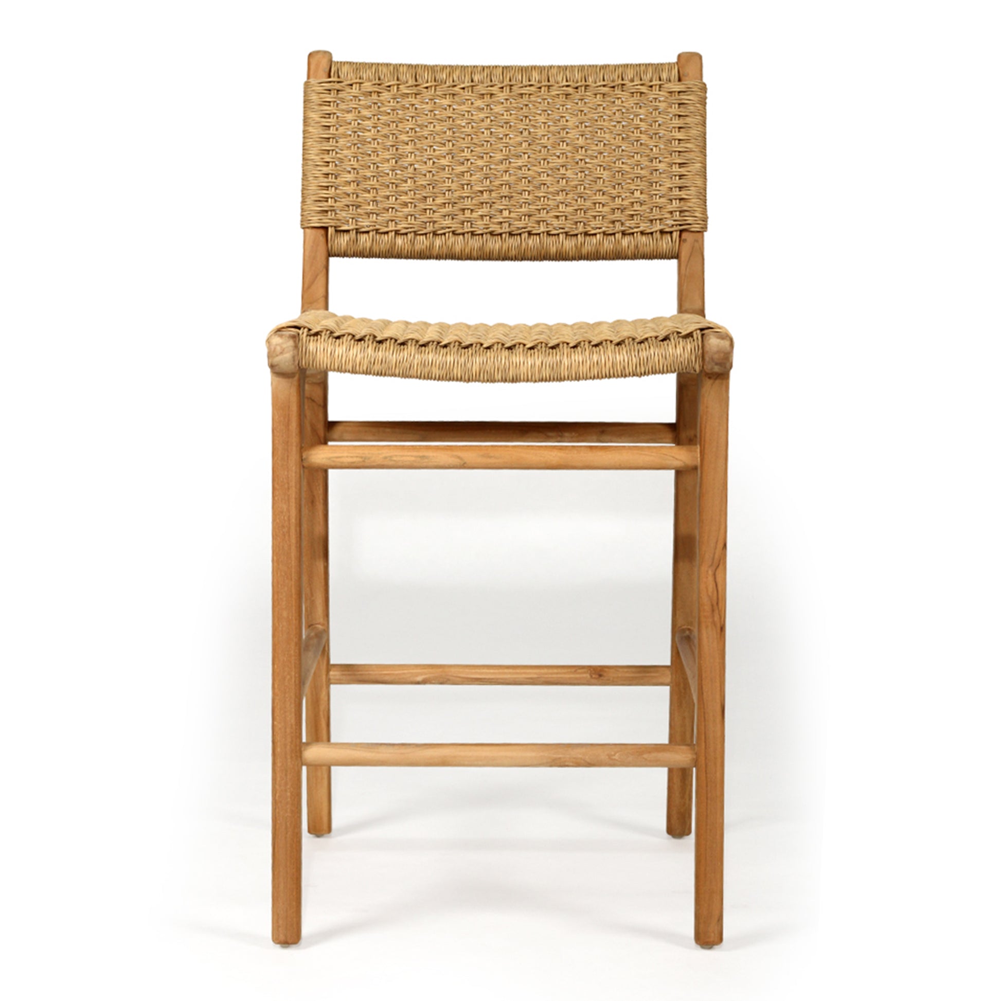 Front-on studio shot of the Zen Counter Stool – Sand – Close Weave highlighting its sculpted teak frame and supportive woven backrest.