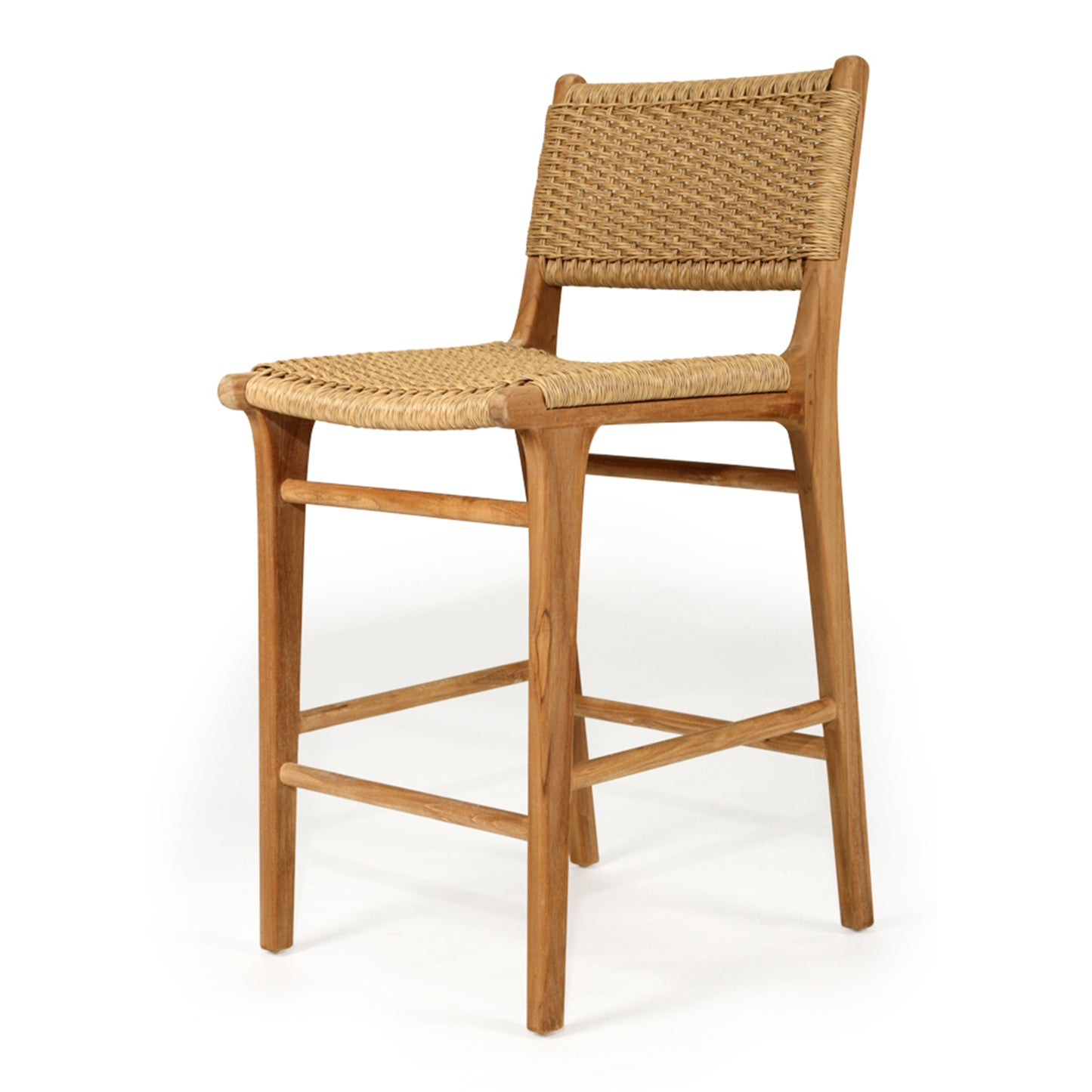 Three-quarter studio view of the Zen Counter Stool – Sand – Close Weave showing ergonomic shape, clean lines, and coastal-inspired texture.