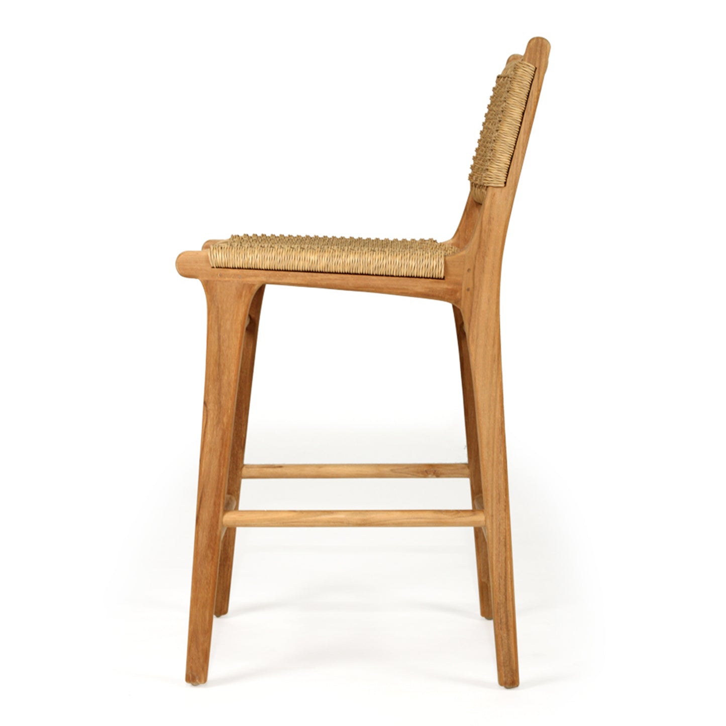 Side profile studio view of the Zen Counter Stool – Sand – Close Weave showcasing curved teak legs and slim silhouette with handwoven seat.
