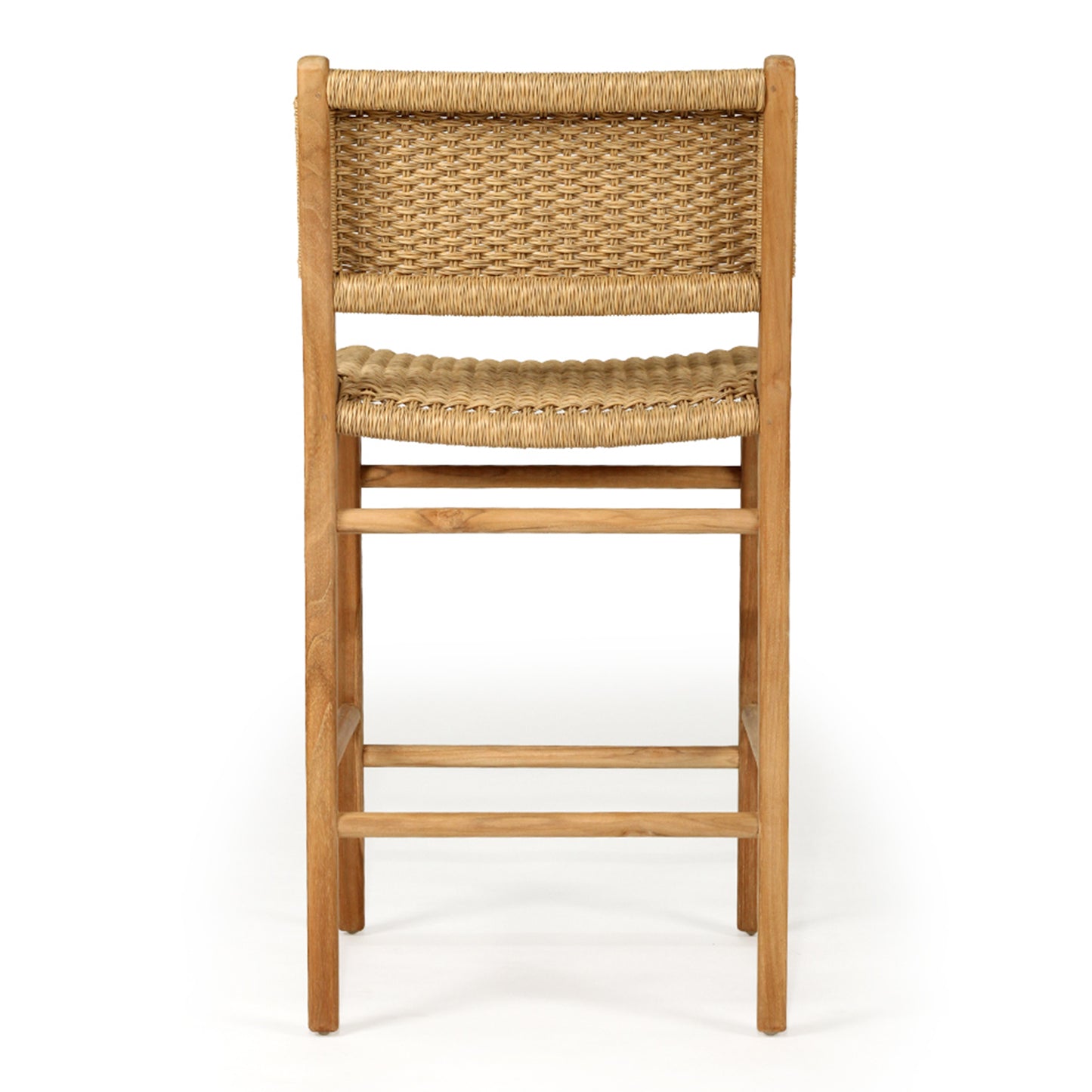 Straight back studio view of the Zen Counter Stool – Sand – Close Weave displaying the full weave pattern and strong teak structure.
