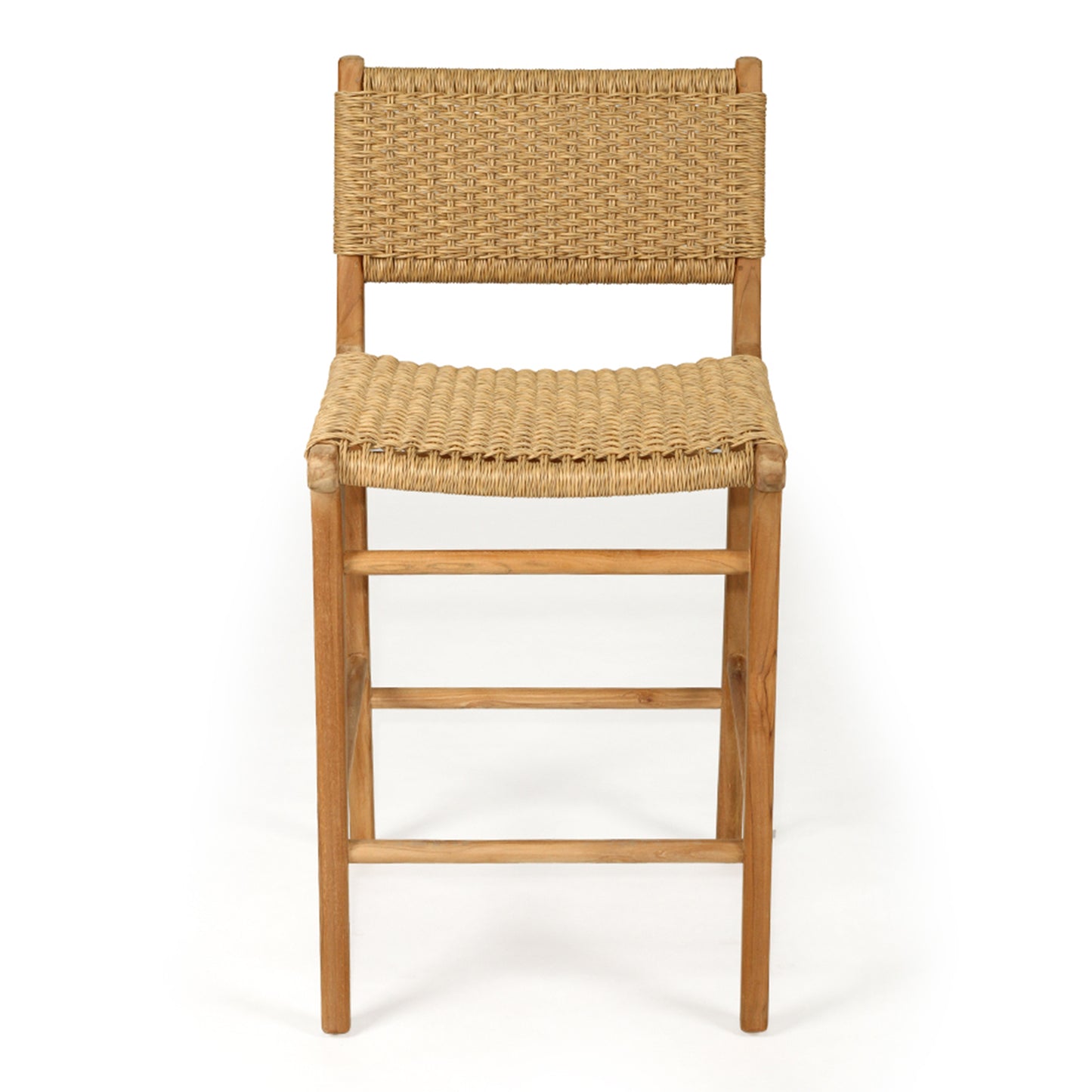 Studio image of Zen Counter Stool – Sand – Close Weave front-on, highlighting curved seat, supportive backrest, and warm timber finish.