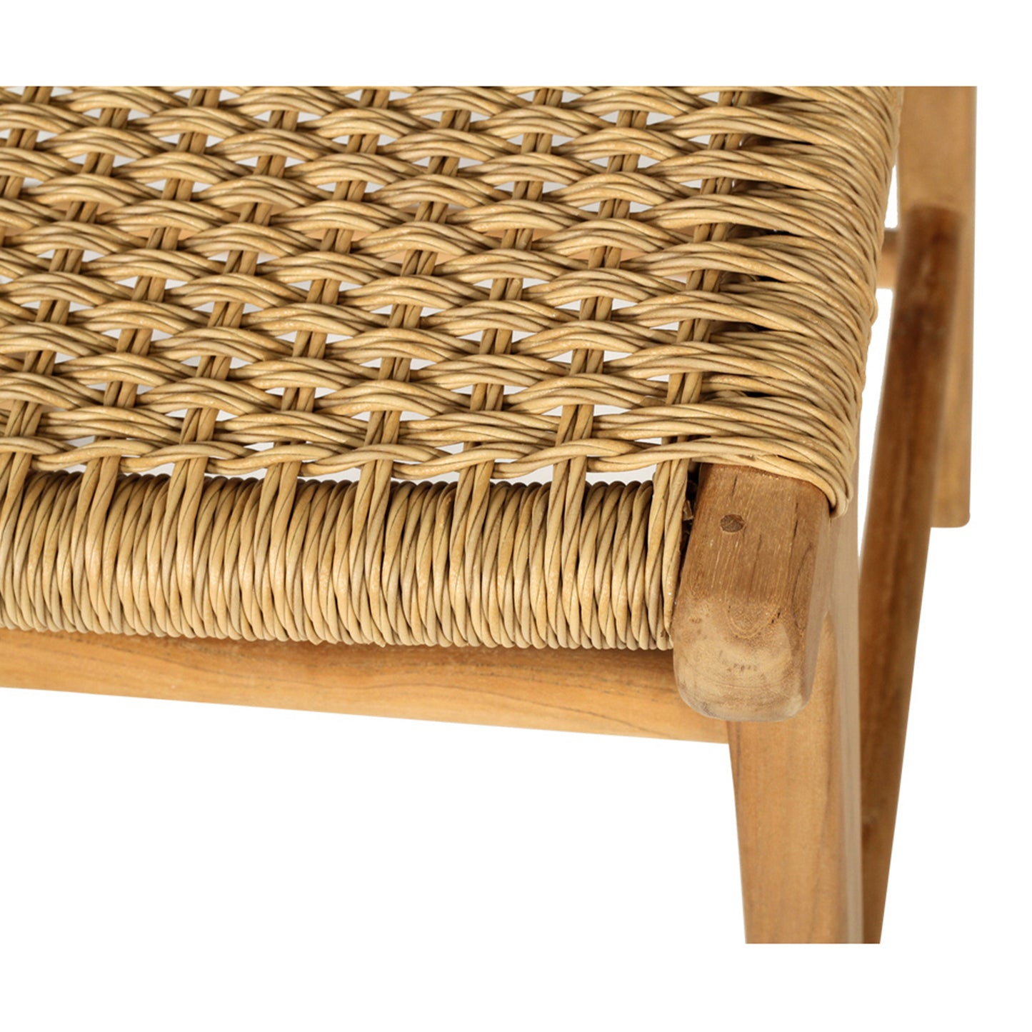 Macro shot of Zen Counter Stool – Sand – Close Weave showing intricate handwoven synthetic fibre seat on a teak frame.