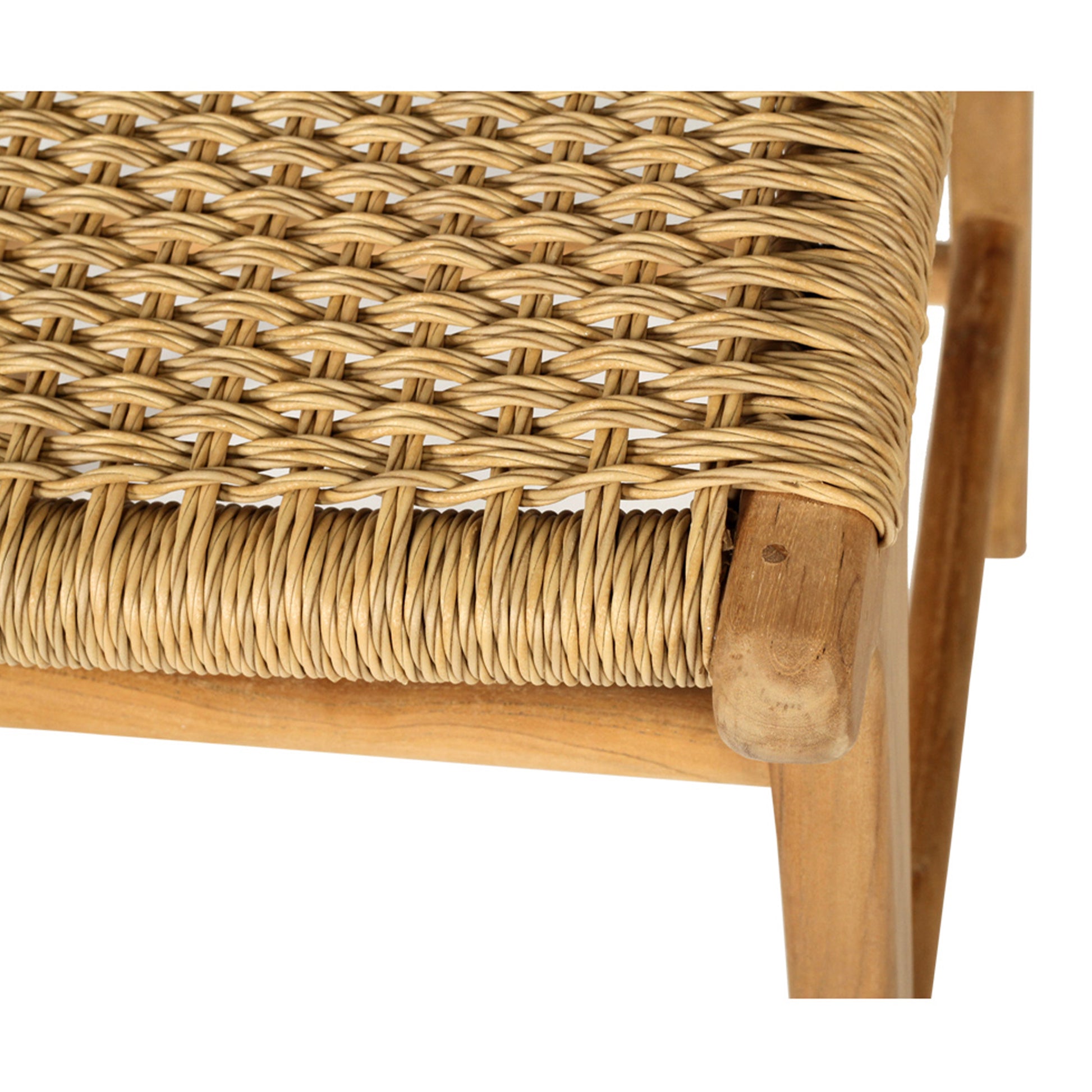 Macro shot of Zen Counter Stool – Sand – Close Weave showing intricate handwoven synthetic fibre seat on a teak frame.