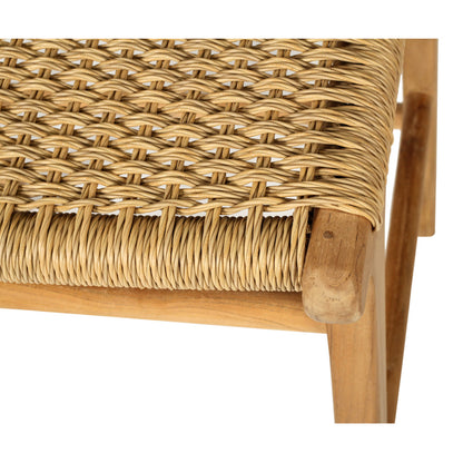 Macro shot of Zen Counter Stool – Sand – Close Weave showing intricate handwoven synthetic fibre seat on a teak frame.