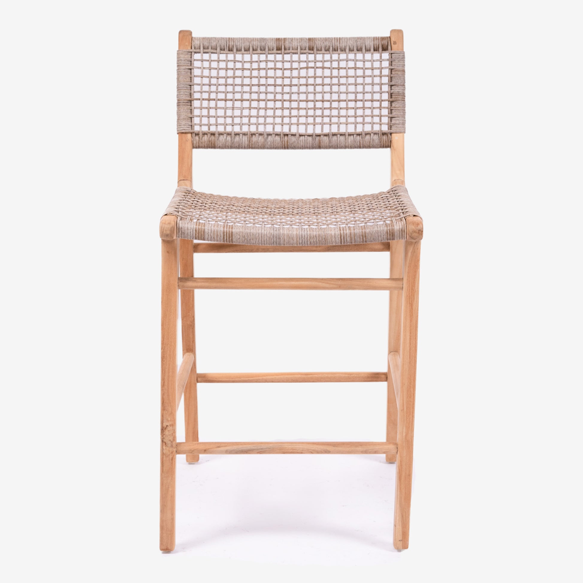 Front studio view of the Zen Bar Stool – Washed Grey – Open Weave showcasing the contoured seat and square teak frame.