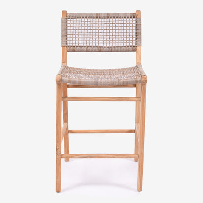 Front studio view of the Zen Bar Stool – Washed Grey – Open Weave showcasing the contoured seat and square teak frame.