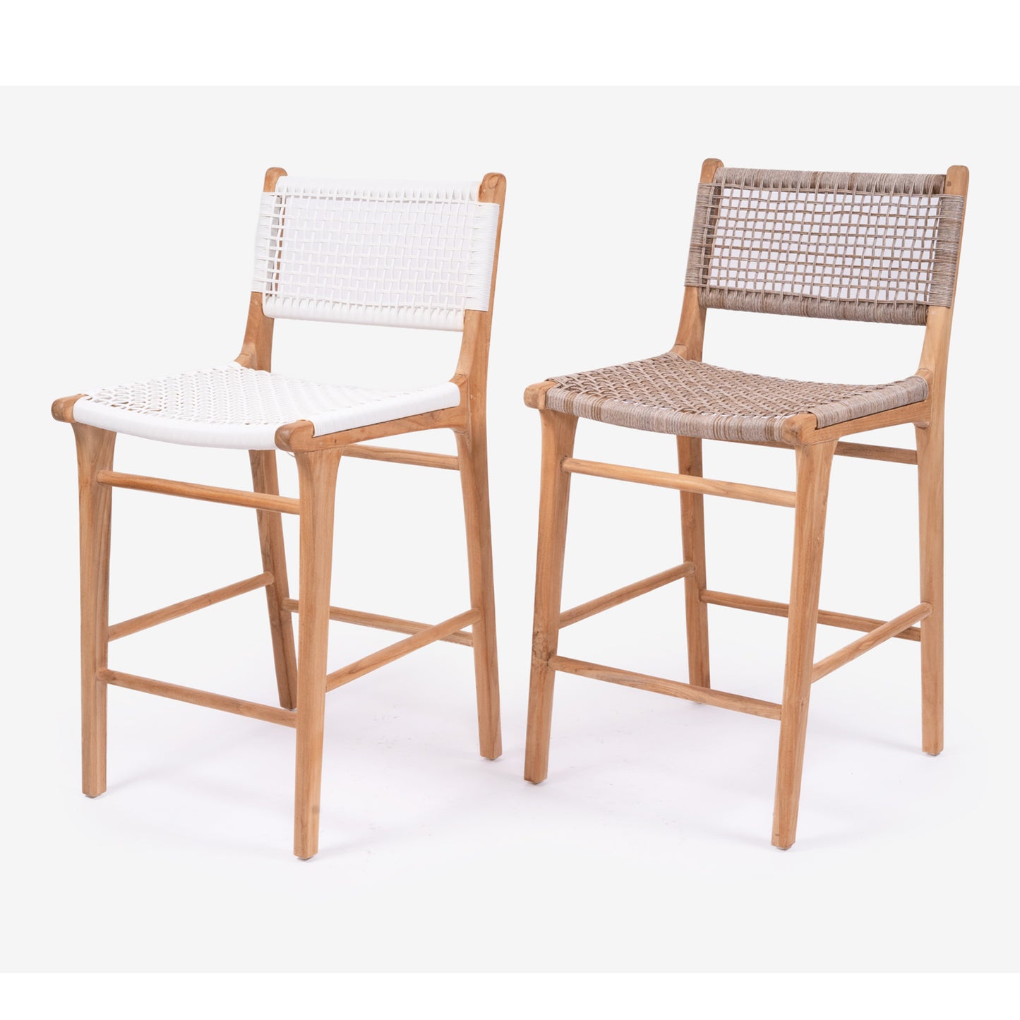 Side-by-side studio image of Zen Bar Stools in White and Washed Grey Open Weave, highlighting colour and material variations.