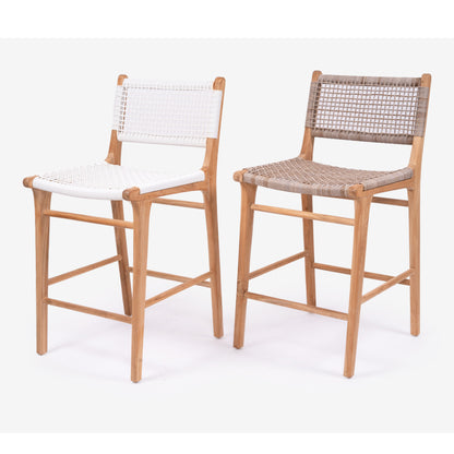 Side-by-side studio image of Zen Bar Stools in White and Washed Grey Open Weave, highlighting colour and material variations.