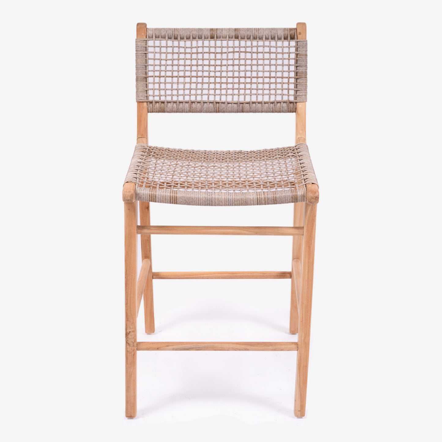 Front-facing studio image of Zen Bar Stool – Washed Grey – Open Weave emphasising the grid-patterned back and seat design.