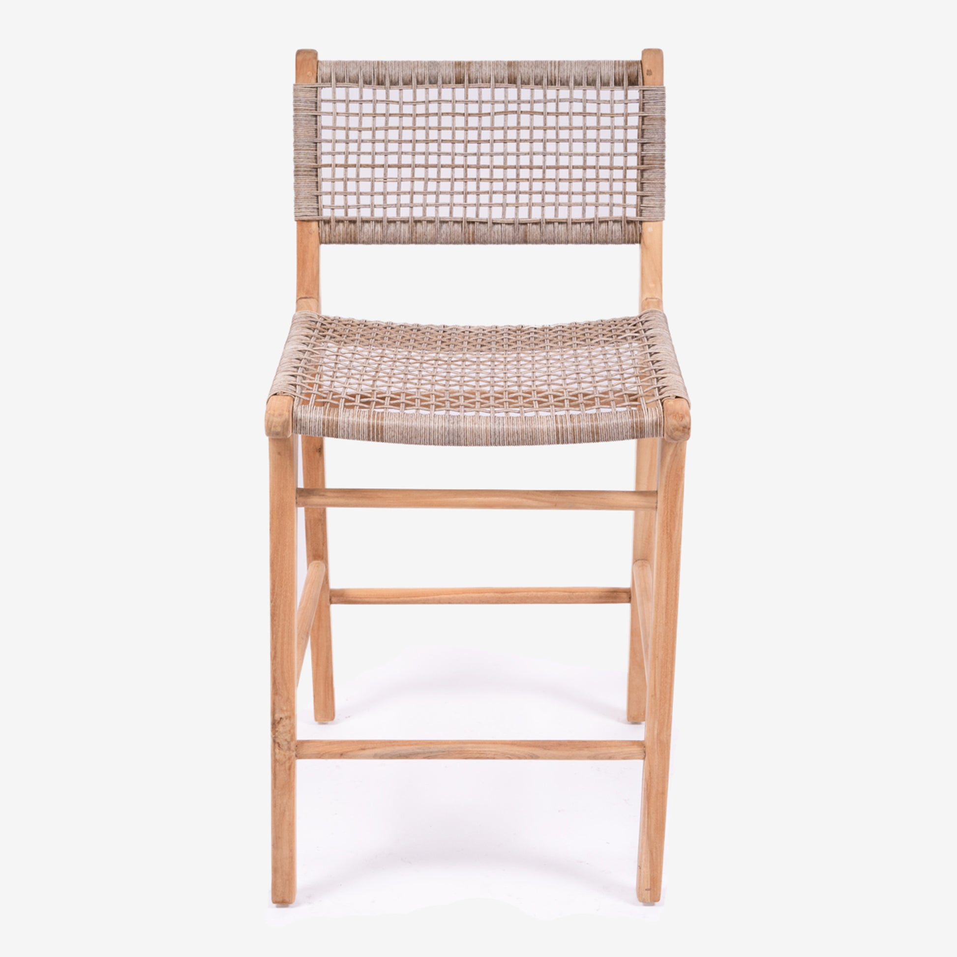 Front-facing studio image of Zen Bar Stool – Washed Grey – Open Weave emphasising the grid-patterned back and seat design.