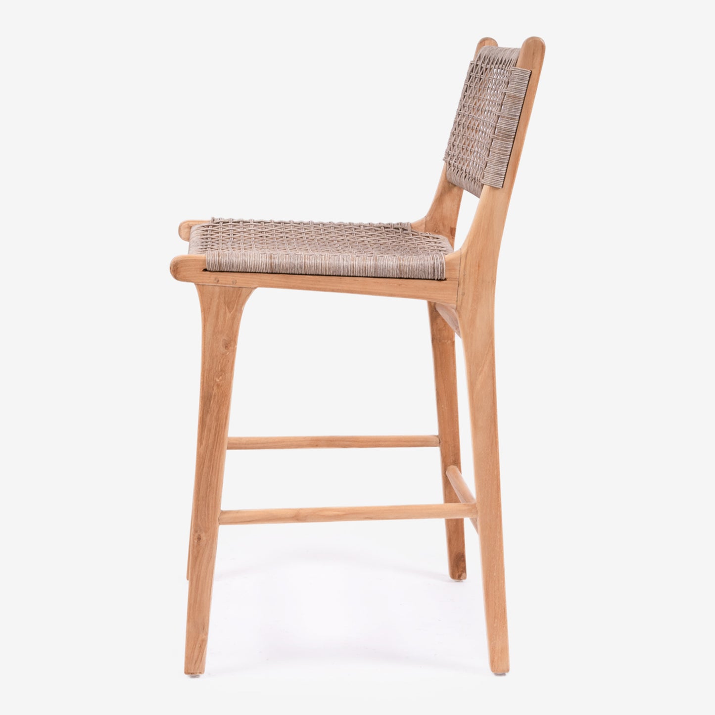 Side profile of the Zen Bar Stool – Washed Grey – Open Weave highlighting the ergonomic seat curve and handwoven backrest.