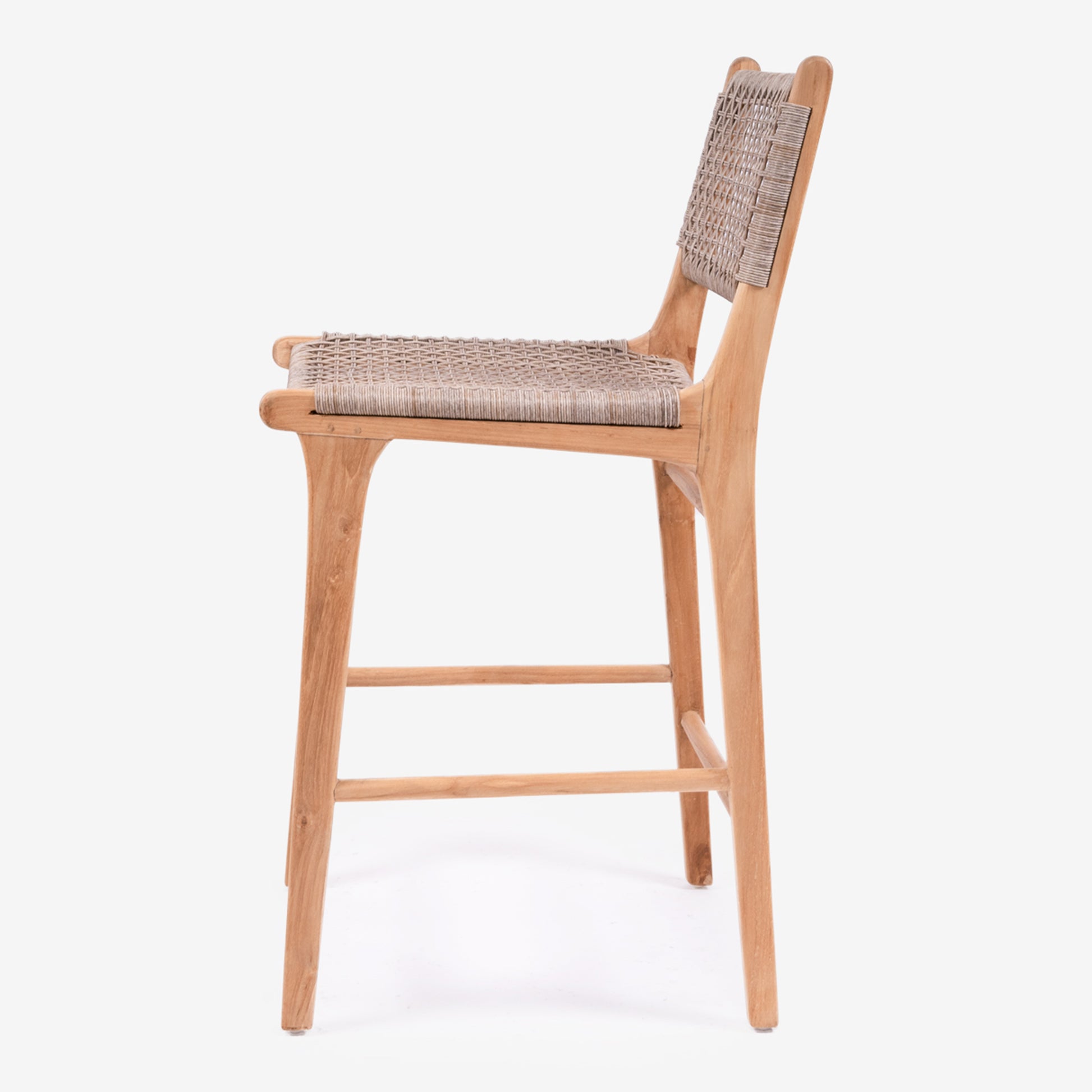 Side profile of the Zen Bar Stool – Washed Grey – Open Weave highlighting the ergonomic seat curve and handwoven backrest.